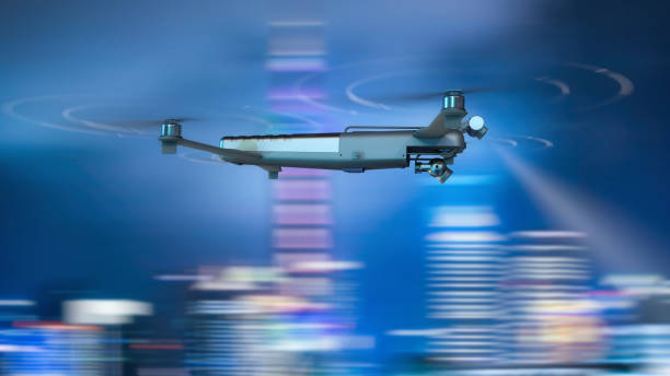 Flying drone. Blurred evening city in the background. Mixed media