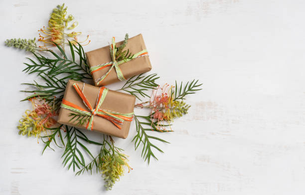 regalos rodeados de flores de planta australian grevillea. - gift orange green package fotografías e imágenes de stock