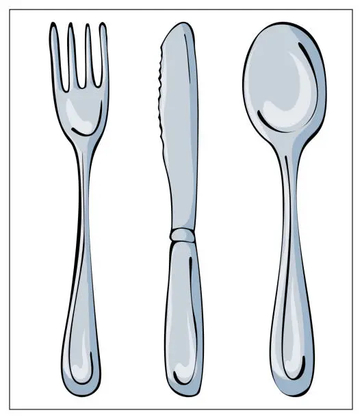 Vector illustration of Vector kitchen cutlery. Fork, knife abd spoon. Hand drawn illustration with Kitchen Utensils isolated on a white background. Template for graphic design of packaging or menu. Vector stock illustration