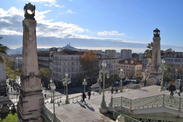 Marseille-Saint-Charles central train station Marseille, France - December 3 2019: stairway at Gare de Marseille-Saint-Charles main train and bus station exterior daytime with people marseille station stock pictures, royalty-free photos & images