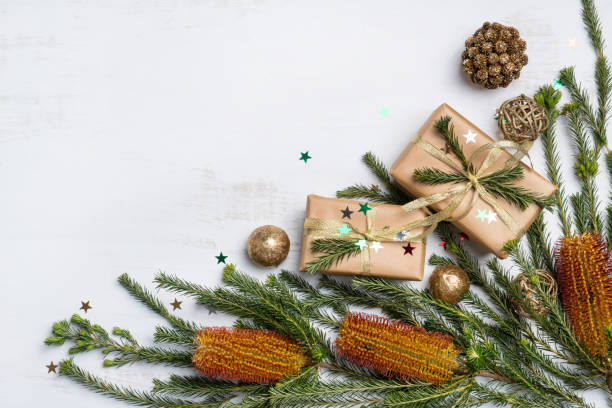 regalos de navidad de oro rodean la planta nativa australiana banksia. - gift orange green package fotografías e imágenes de stock
