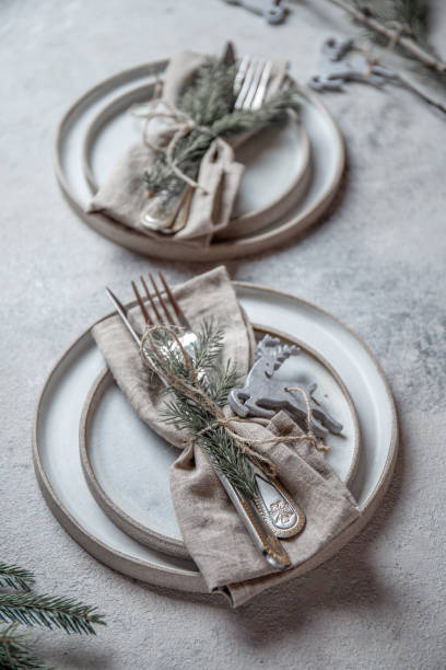istock Cristmas table cutlery set with holiday decoration. Top view, copy space 1192860191