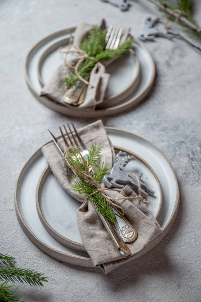 istock Cristmas table cutlery set with holiday decoration. Top view, copy space 1192860261