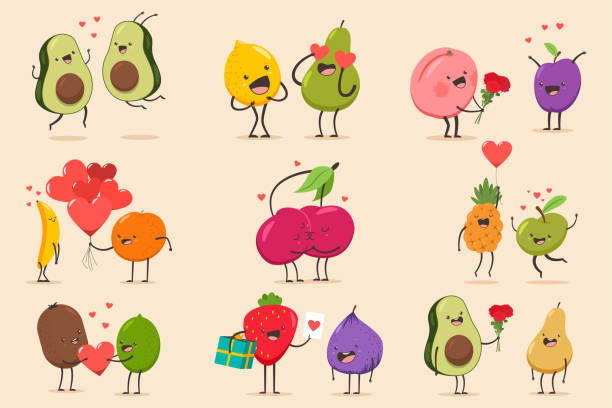 śmieszne kreskówki pary charakter awokado, banan, ananas, figa, gruszka, wiśnia, jabłko, limonka, cytryna, gruszka, brzoskwinia. walentynkowa ilustracja koncepcyjna wektorowa z uroczymi owocami odizolowanymi na tle. - cherry valentine stock illustrations