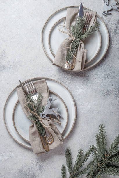 istock Cristmas table cutlery set with holiday decoration. Top view, copy space 1192860538