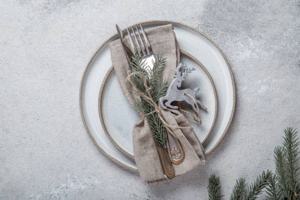 istock Cristmas table cutlery set with holiday decoration. Top view, copy space 1192861132