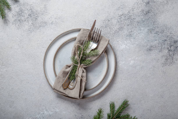 istock Cristmas table cutlery set with holiday decoration. Top view, copy space 1192861211