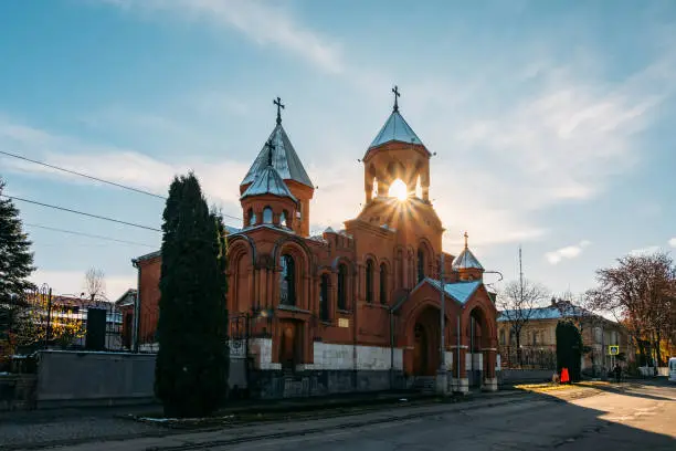 Photo of Old Armenian Church of St. Gregory the Illuminator with sunlight in Vladikavkaz, Russia