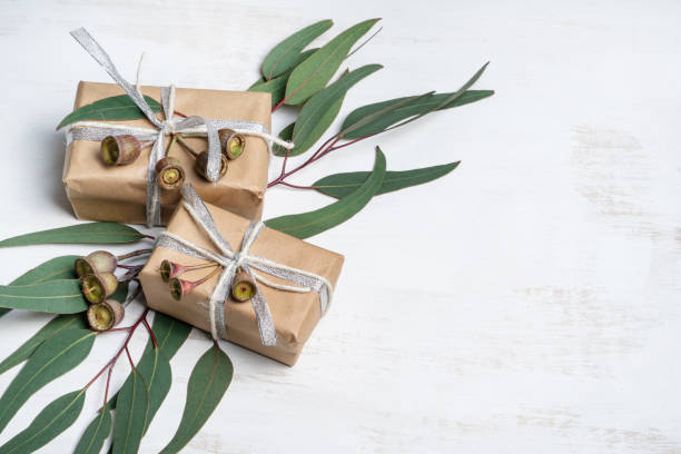 istock Rustic gifts decorated by Australian eucalyptus leaves and gumnuts. 1192862559