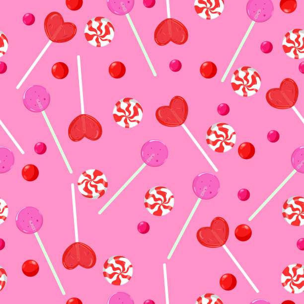 ilustrações, clipart, desenhos animados e ícones de padrão sem costura com pirulitos em forma de coração e outros doces. gráficos vetoreiros. - valentines candy