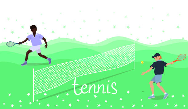 ilustrações de stock, clip art, desenhos animados e ícones de men play tennis. banner. vector graphics. - tennis court men racket