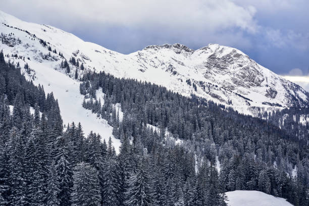 istock Panoramic view of snow-capped mountain peaks 1192864905