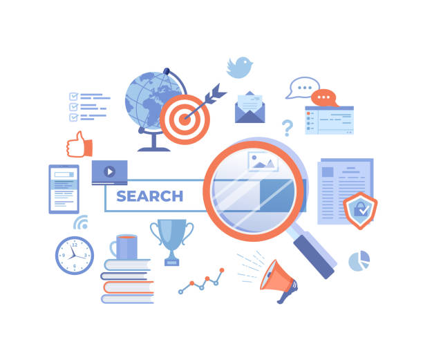 23Web search technology, Search engine, SEO, Data finding. Search bar with result elements. Web banner, infographics. Vector illustration on white background. Web search technology, Search engine, SEO, Data finding. Search bar with result elements. Web banner, infographics. Vector illustration on white background. search engine advertising stock illustrations