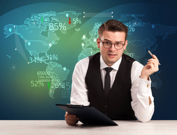 istock Trade market analyst is studio reporting world trading news with map concept 1192866228