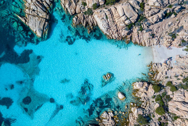 Cala Coticcio - Caprera An aerial photo of the small beach of Cala Coticcio - Caprera - La Maddalena Archipelago southern italy photos stock pictures, royalty-free photos & images