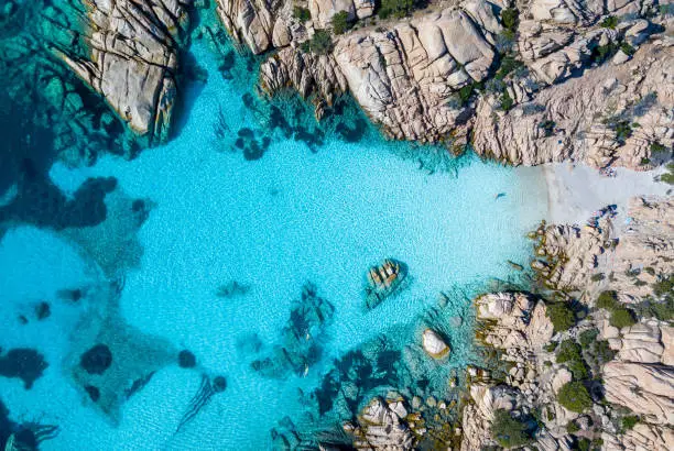 An aerial photo of the small beach of Cala Coticcio - Caprera - La Maddalena Archipelago