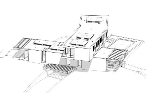 istock 3d rendering of modern house on the hill with pool black line on white background 1192866964