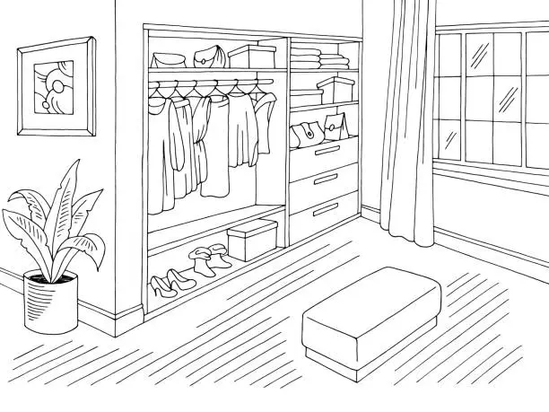 Vector illustration of Wardrobe room graphic black white home interior sketch illustration vector