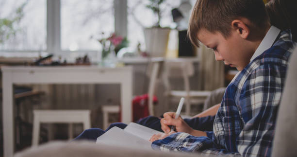 istock Young boy sitting on the couch, writing in a notebook 1192870700