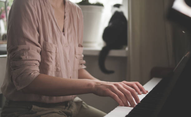 mujer tocando piano clásico. mascota de gato en segundo plano. - pampered pets audio fotografías e imágenes de stock