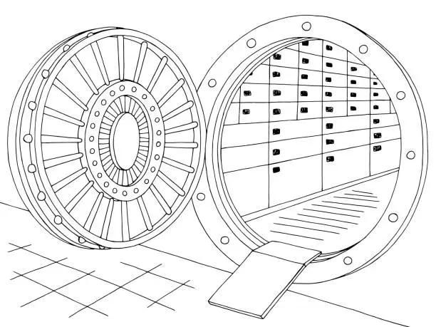 Vector illustration of Bank vault safe interior graphic black white sketch illustration vector