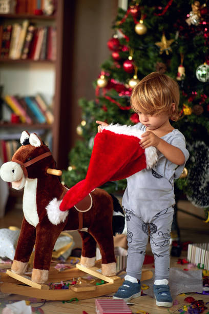 istock Boy is playing with Santa hat in front of a decorated Christmas tree 1192871964
