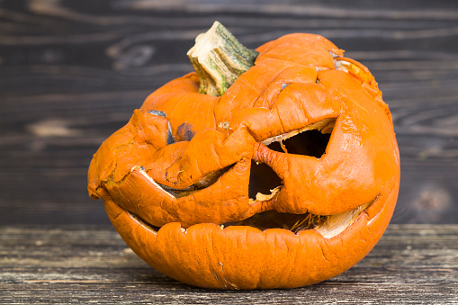 scary pumpkins of which are preparing lamps to celebrate Halloween in the autumn season, homemade products made roughly and not neatly, the pumpkin began to rot and decay