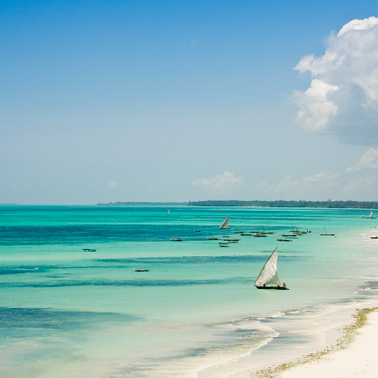Indian Ocean and white sandy beach off the coast of Zanzibar