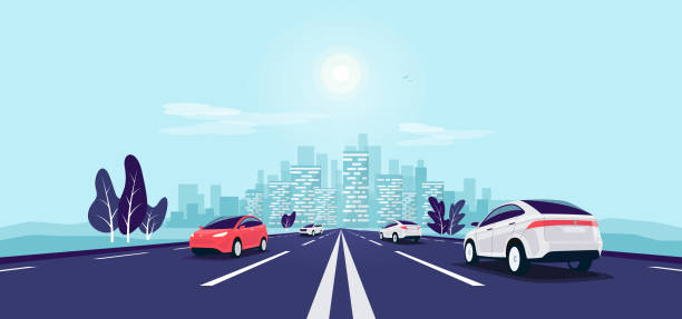 illustrations, cliparts, dessins animés et icônes de la circulation sur la route perspective highway vanishing point view avec city skyline. - vanishing point