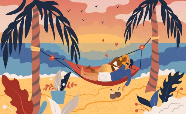 Vector illustration of Couple in a hammock enjoys the sunset on the beach between two palm trees by the sea. Flat style. Vector illustration.