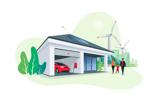 ilustrações de stock, clip art, desenhos animados e ícones de electric car charging at home garage wall box with solar panels and wind power station - man energy turbine