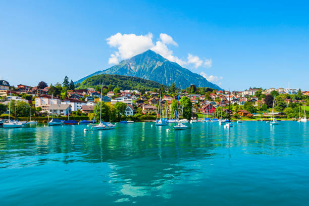 vista panorámica de la ciudad de spiez, suiza - lake thun swiss culture berne castle fotografías e imágenes de stock