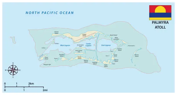 Vector illustration of Map of the Palmyra Atoll an unorganized territory of the United States with flag