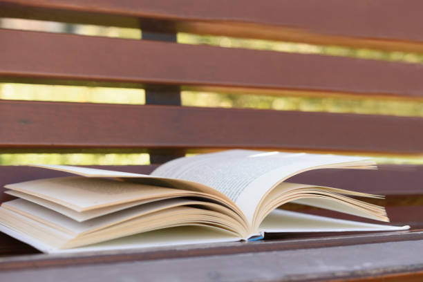 libro abierto acostado en el banco, de cerca - outdoors book reading accessibility fotografías e imágenes de stock