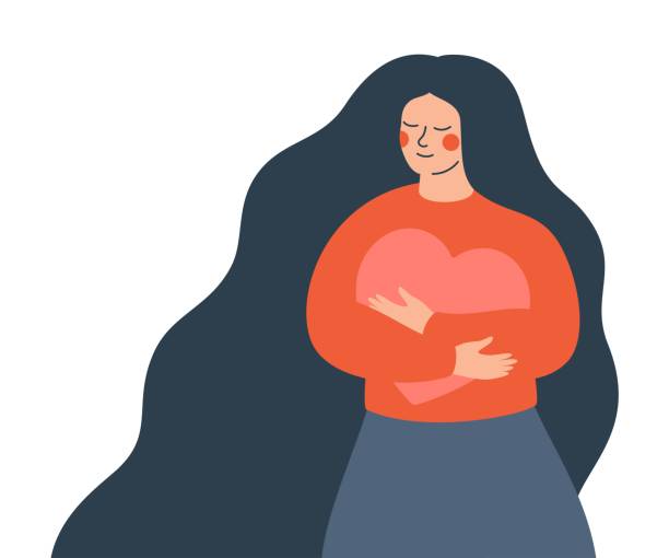 Young woman hugs a big heart with love and care. Young woman hugs a big heart with love and care. Girl with long hair holds pink heart in her hands. Self care and body positive concept. one woman only stock illustrations
