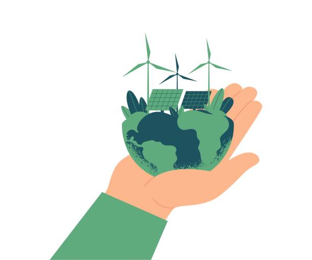 ilustrações, clipart, desenhos animados e ícones de conceito de energia verde. painéis solares e turbinas eólicas no planeta terra. - wind power wind turbine safety technology