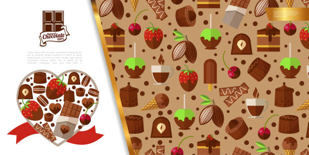 Flat Sweet Desserts Concept Flat sweet desserts concept with chocolate ice cream candies cakes berries coffee cup cocoa beans vector illustration ice pie stock illustrations