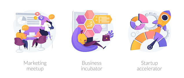 Startup supporting metaphors set. Development of companies, mentoring and training. Marketing meetup, business incubator, startup accelerator . Vector isolated concept metaphor illustrations