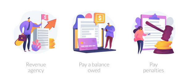 Tax payment stages vector concept metaphors. Tax payment stages. Tax office visiting, debt paying, fine and surcharge repayment. Revenue agency, pay a balance owed, pay penalties metaphors. Vector isolated concept metaphor illustrations. impulse shopping stock illustrations