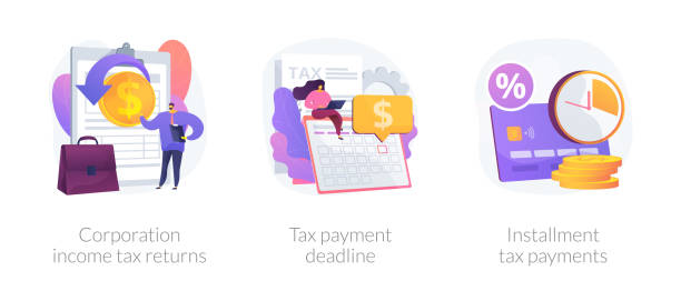 Tax payment terms vector concept metaphors Tax payment conditions flat icons set. Deductible revenue. Corporation income tax returns, tax payment deadline, instalment tax payments metaphors. Vector isolated concept metaphor illustrations financial advisor percentage sign business finance stock illustrations