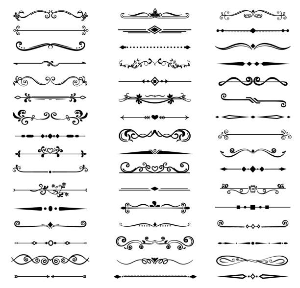 Chapter dividers and decorations set Chapter dividers, decorations and delimiters set. Frame elements with elegant swirls, text separators. Decoration for paper documents and certificates, line and waves. Isolated vector elements weather stock illustrations