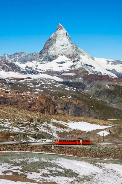 Train near the Gornergrat Bahn Railway, a mountain rack railway near Zermatt town in the Valais canton of Switzerland