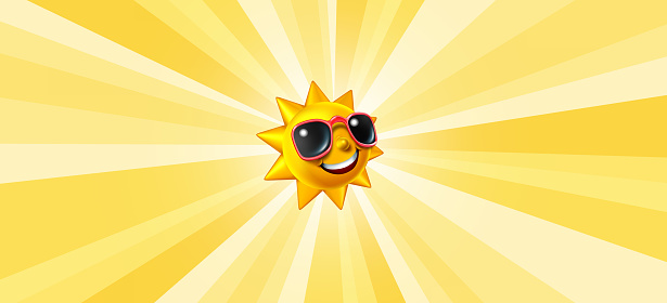 Smiling summer sun radiant background with a happy glowing character with sunglasses as a hot symbol of vacation and relaxation with sunny weather with rays of light as a 3D illustration.