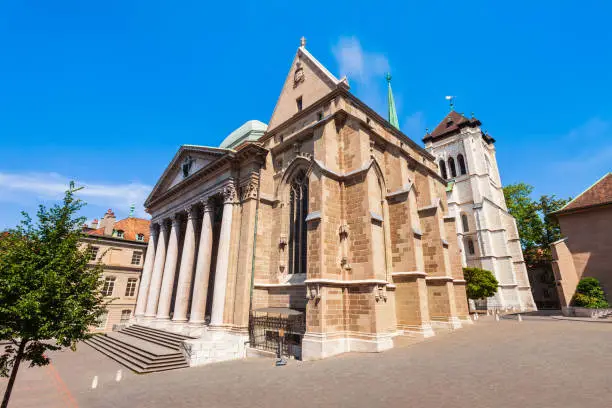 Saint Pierre or St. Peter Cathedral Reformed Protestant Church of Geneva is located in the centre of Geneva city in Switzerland