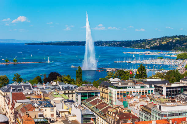 istock Water jet fountain in Geneva 1192889015