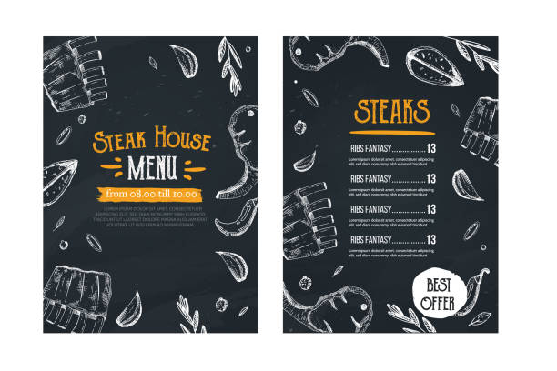 Steak menu, restaurant template on chalkboard. Blackboard poster with sketch icons with ribs, meat Steak menu, restaurant template on chalkboard. Blackboard poster with sketch icons with ribs, meat. meat designs stock illustrations