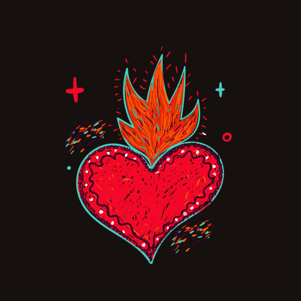 ilustrações, clipart, desenhos animados e ícones de tatuagem mexicana do coração no fundo escuro, projeto sagrado do vetor do hipster, sinal abstrato - religion christianity spirituality saint