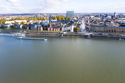 Dusseldorf, Germany - October 29, 2019: View on the River Rhein and old town in Dusseldorf