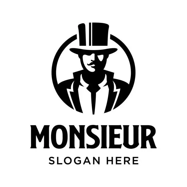 Vector illustration of Monsieur black gentleman mustache vintage classic logo icon vector