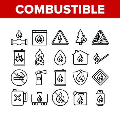 Combustible Products Collection Icons Set Vector Thin Line. Burning Gaz From Pipe, Flame On Mark And Shield, Warning Combustible Things Concept Linear Pictograms. Monochrome Contour Illustrations